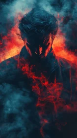 Moody figure in glowing red smoke and cool blue mist.