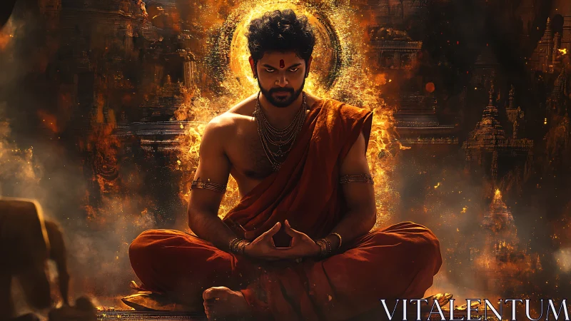 Meditative figure in orange robes amid fiery temple backdrop.