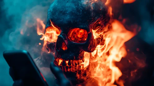 Flaming skull render is illuminated by a handheld smartphone