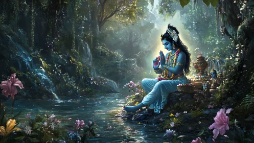 Blue-skinned seated figure in ornate forest riverside setting.