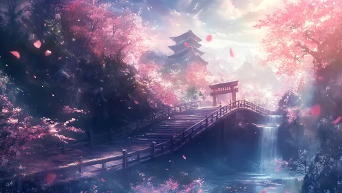 Digital landscape shows arched bridge, torii gate and pagoda