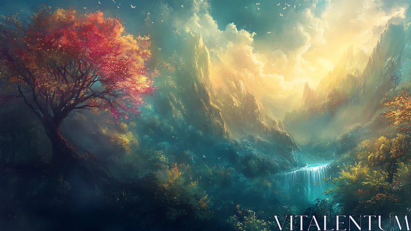 Sunlit mists cradle a crimson tree above the hidden falls