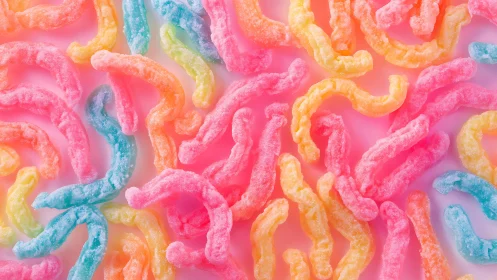 Colorful sour candy arrangement on pink background.