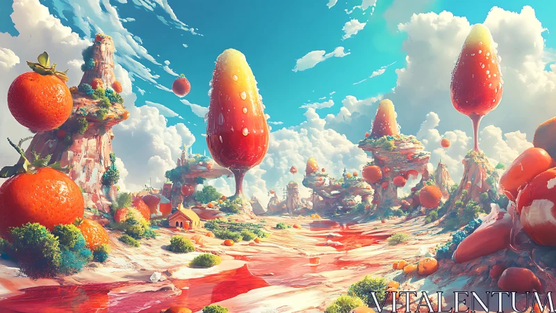 Surreal citrus canyon with floating oranges and popsicles.