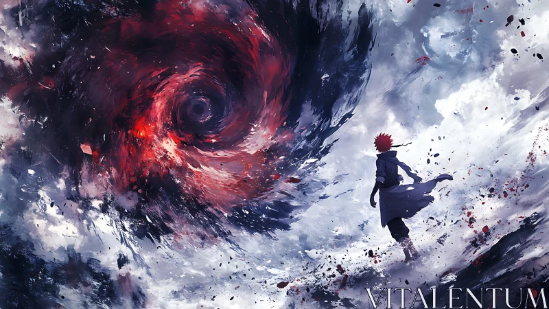 Stormwalker strides toward crimson cosmic vortex horizon.