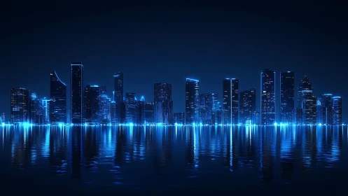 Neon shoreline skyline humming over midnight mirrorwater.