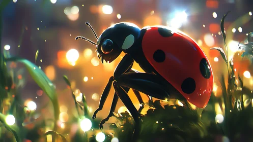Glowing ladybug rests in dreamy grass under golden lights