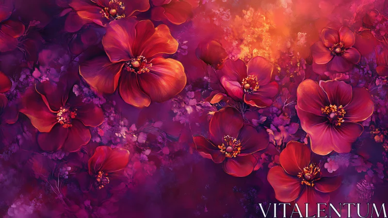 Vibrant Red Flowers in Dreamlike Purple Gradient Background