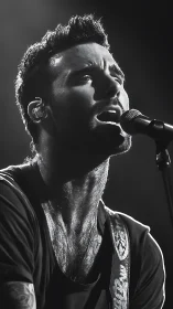 Monochrome stage portrait of vocalist in high contrast light.