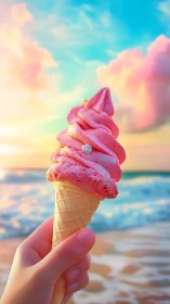 Vibrant soft-serve ice cream cone against pastel beach sunset.