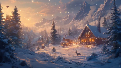 Digital painting of alpine winter lodge with warm lighting.
