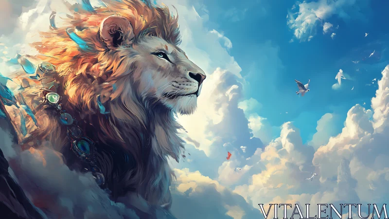 Majestic sky lion gazes over bright drifting clouds