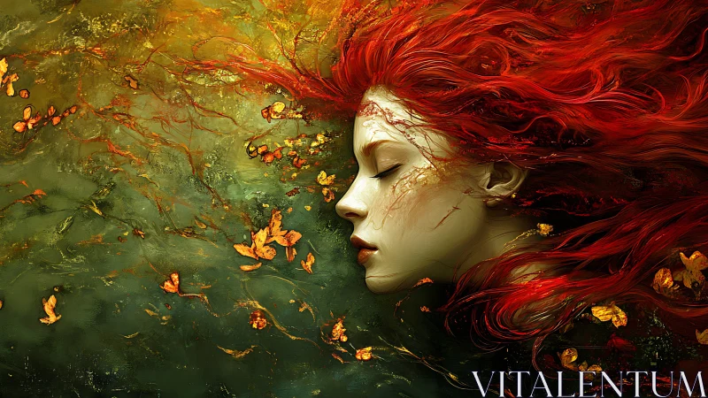 Autumn-tressed dreamer adrift in luminous emerald depths.