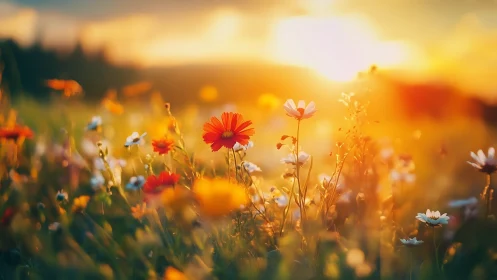 Golden Hour Wildflower Field with Red Gerberas in Soft Focus