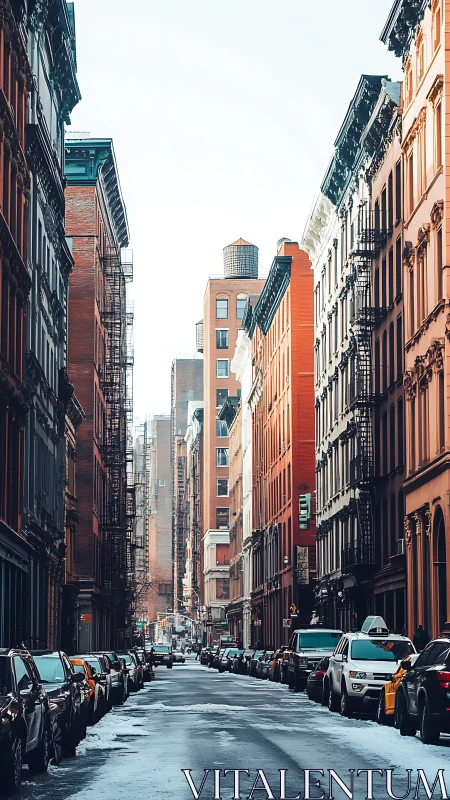Winter city street lined with parked cars and tall facades.