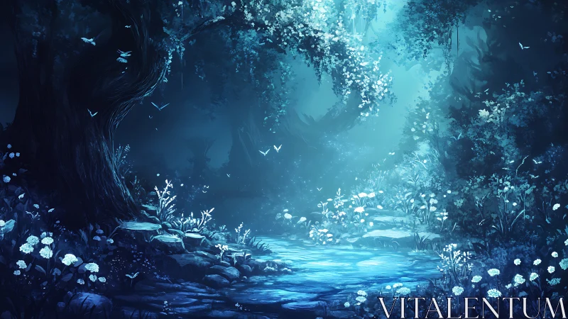 Underground Forest Stream with Bioluminescent Flora