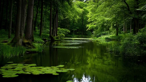 Sunlit forest pond rests in deep green reflective silence