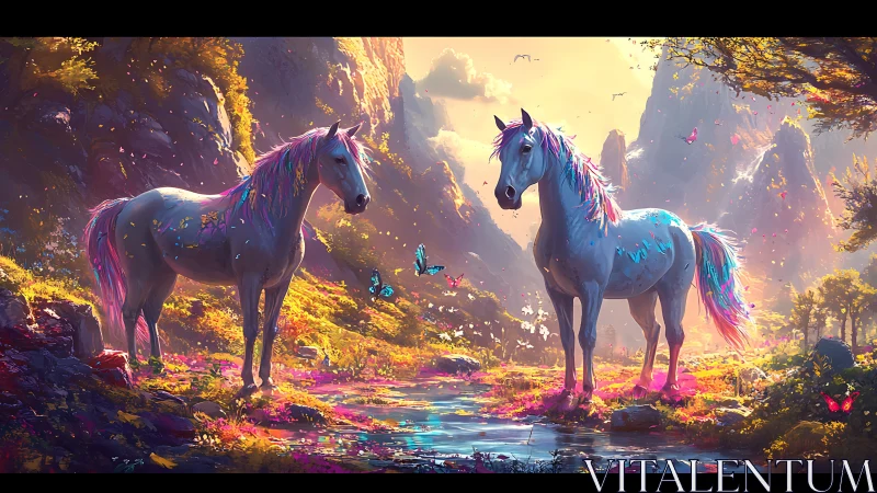 Iridescent horses stand in a glowing, enchanted valley scene.