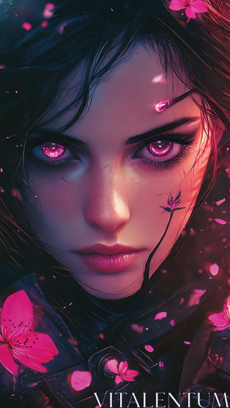 Petal-charged warrior gazes back with neon storm eyes