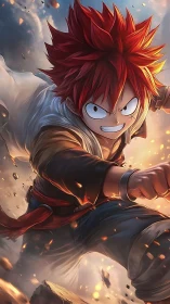 Red‑haired anime fighter advances through debris and light