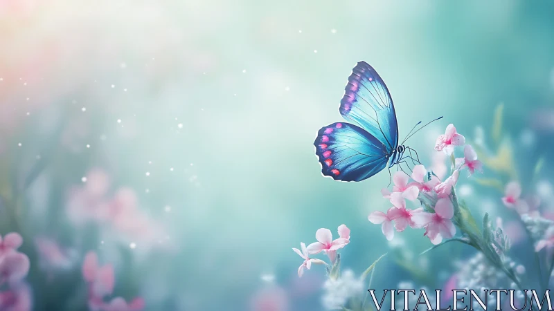 Blue butterfly rests softly among pastel spring blossoms.