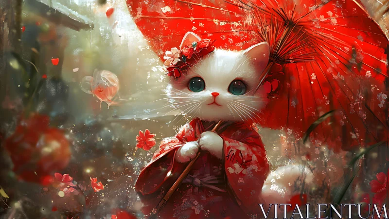 Enchanted White Kitten in Crimson Garden Dreams.
