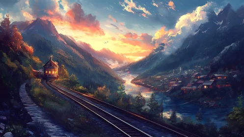 Sunset mountain railway glows above a tranquil riverside town
