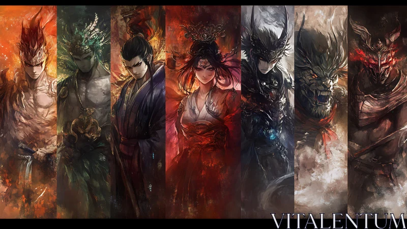 Mythic elemental warriors aligned in vertical fantasy character panels