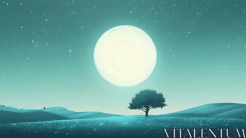 Luminous supermoon above solitary tree on teal nightscape.