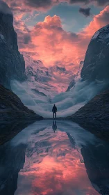 Silhouetted figure stands before glacial valley and reflection