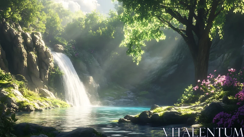 Sunlit forest waterfall invites quiet moments of gentle wonder