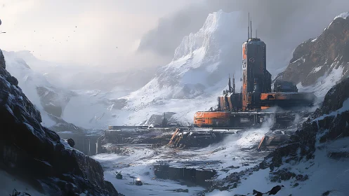 Futuristic industrial base in harsh frozen mountain valley.