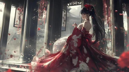 Elegant warrior in crimson kimono dominates ruined temple courtyard