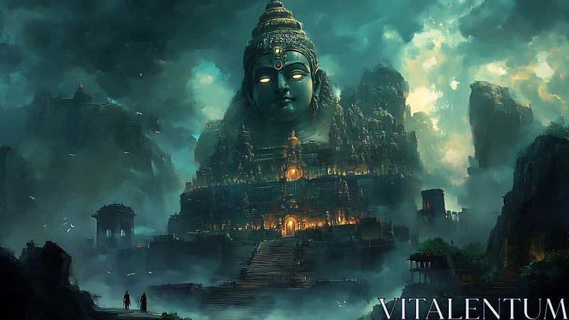 Colossal mountain temple crowned by luminous deity face.