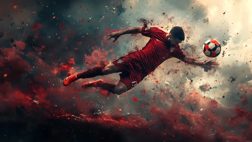Soaring soccer hero captured in a fiery, sky-high moment.