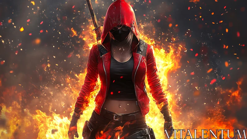 Flaming hooded warrior strides forward with bold fiery power