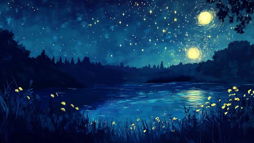 Starry twin-moon night sky over calm reflective lake scene.