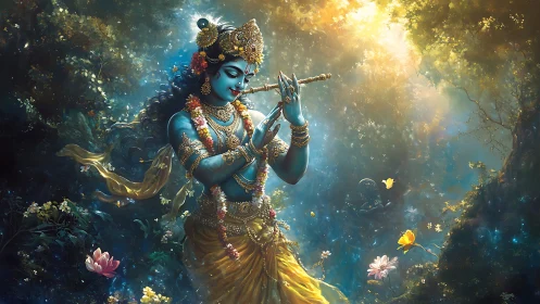 Blue-skinned deity plays flute in glowing forest scene.