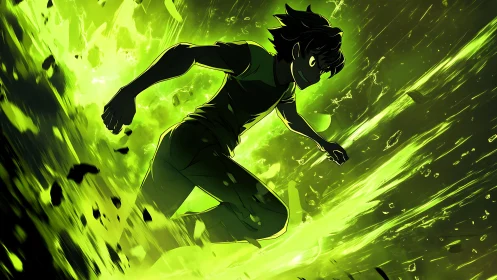 Glowing green hero rushes forward through explosive energy
