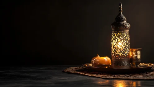 Ornate metal lantern with candle on tray against dark background.