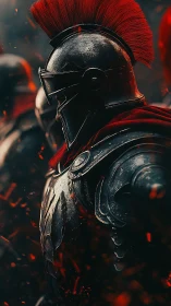 Crimson-crested legionary in ember-lit battle armor portrait.
