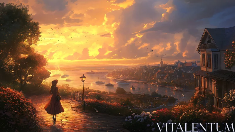 Woman observes harbor city at vivid sunset from hillside path