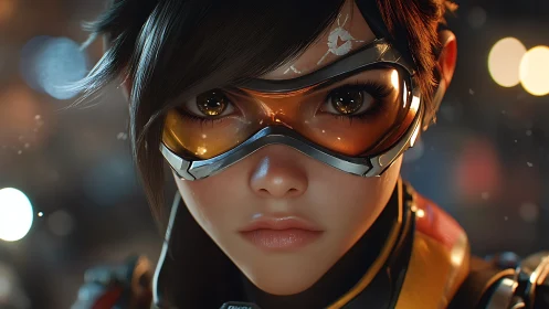 Cybernetic pilot portrait with high-gloss optical visor focus.