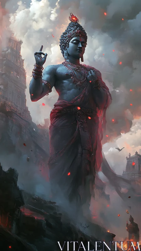 Colossal blue deity rising through molten storm clouds.