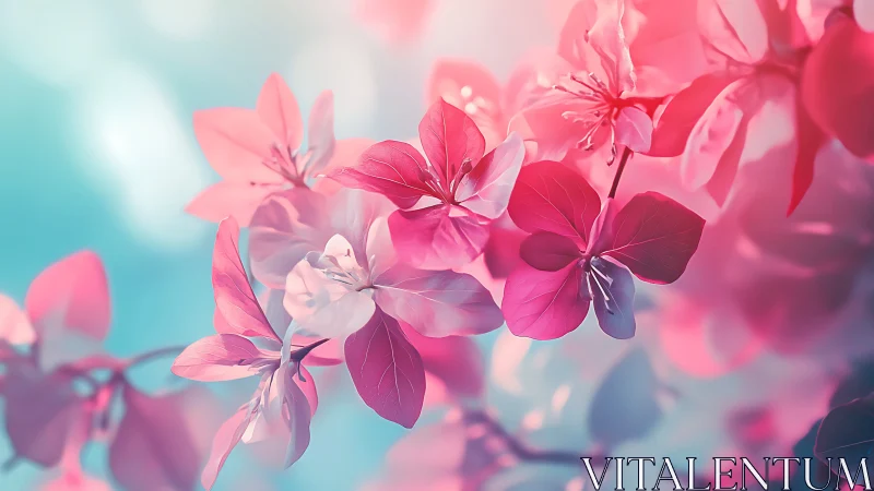 Pink bougainvillea flowers against turquoise sky.