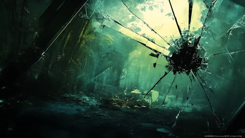Shattered glass framing dense, misty forest scenery.
