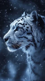 Snow leopard profile glows in icy blue winter night.