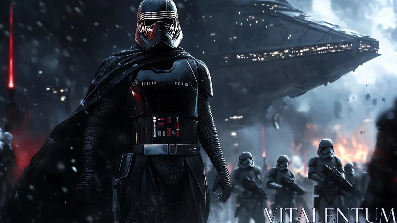 Dark armored leader strides through a storm of galactic fire.