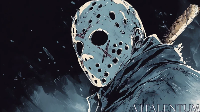 Masked figure in hockey mask holding bat in dark setting.