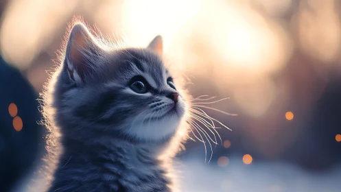 Gray kitten looking upward with golden bokeh background.
